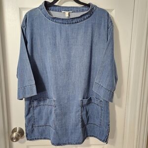 EILEEN FISHER Size Small Blue Boatneck Denim 3/4 Sleeve Top With Pockets